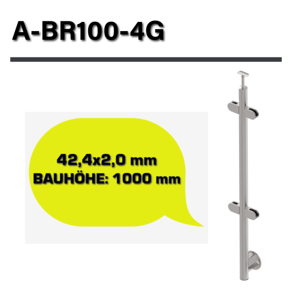 Edelstahl Geländerpfosten Mittelpfosten Ø42,4 Bauhöhe 1000mm mit 4x Glasklemmen 63x45mm vorgesetzt Geländer V2A